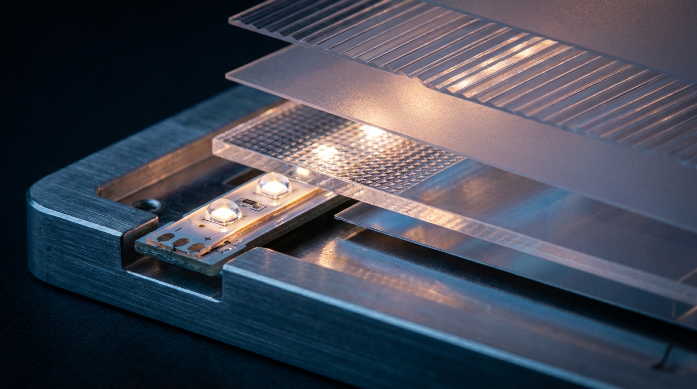 Macro cross-section of an edge-lit backlight module with LED strip, light guide plate, and diffuser layers
