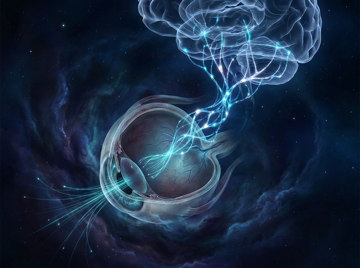 Illustration of light pathways from the eye to the brain