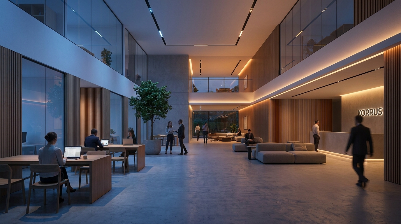 Contemporary workspace illuminated by tunable Korrus architectural LED lighting