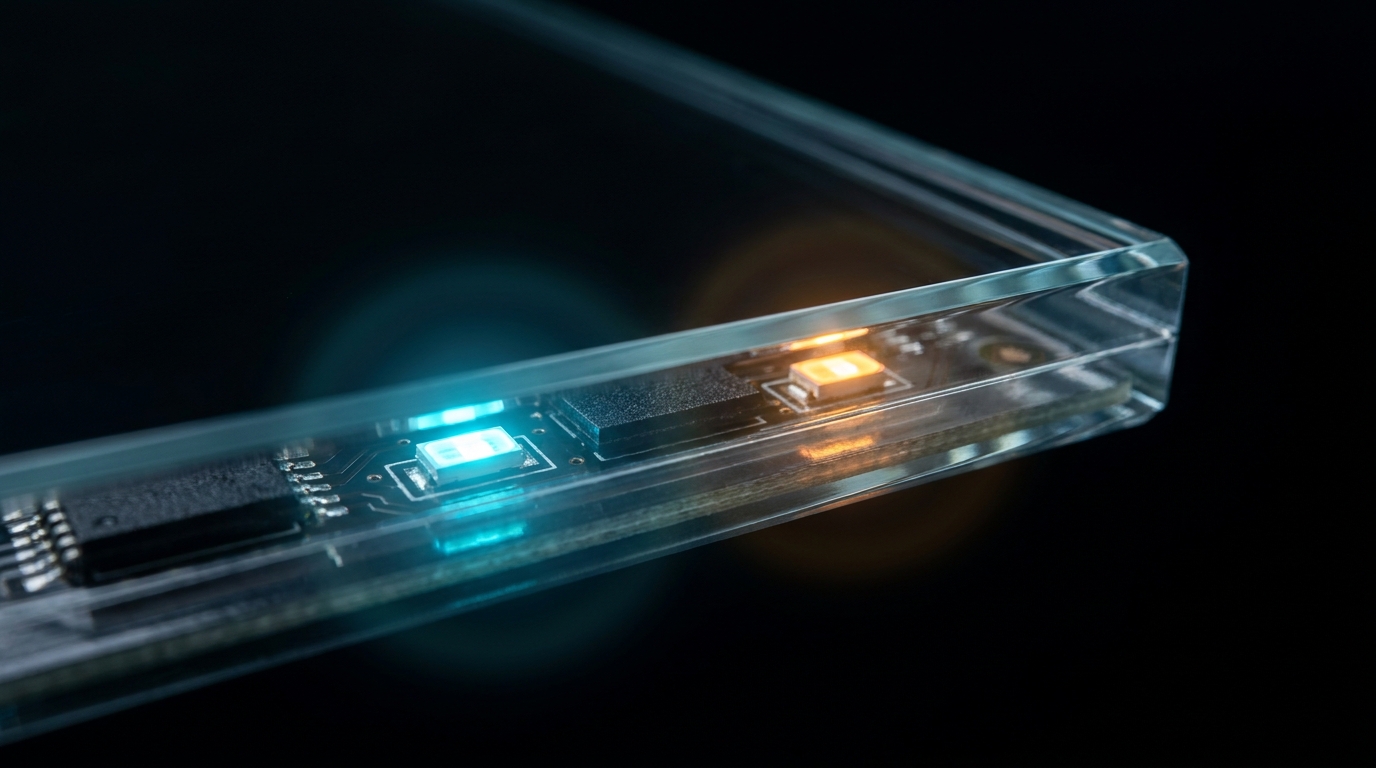 Macro photograph of an edge-lit backlight with cyan and warm LED channels